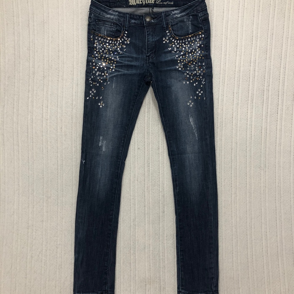 Machine Jeans Size 7 Skinny Dark Wash Rhinestone Bedazzled Y2K Embellished